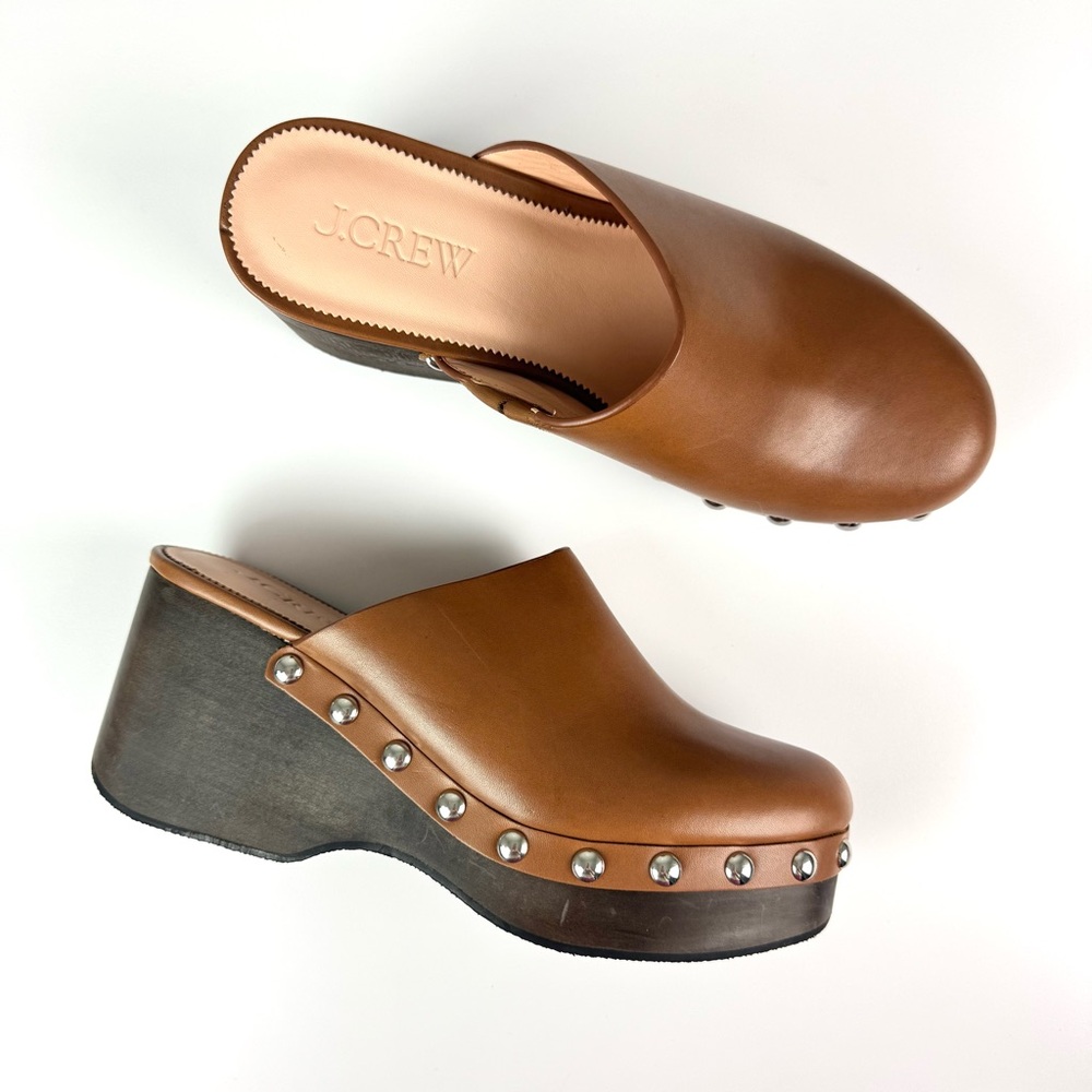 J. Crew Slip On Studded Platform Clogs Caramel Brown Leather Size 9.5